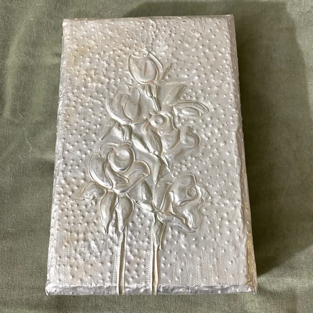 Vintage pewter covered wooden jewelry box with raised roses on top #05